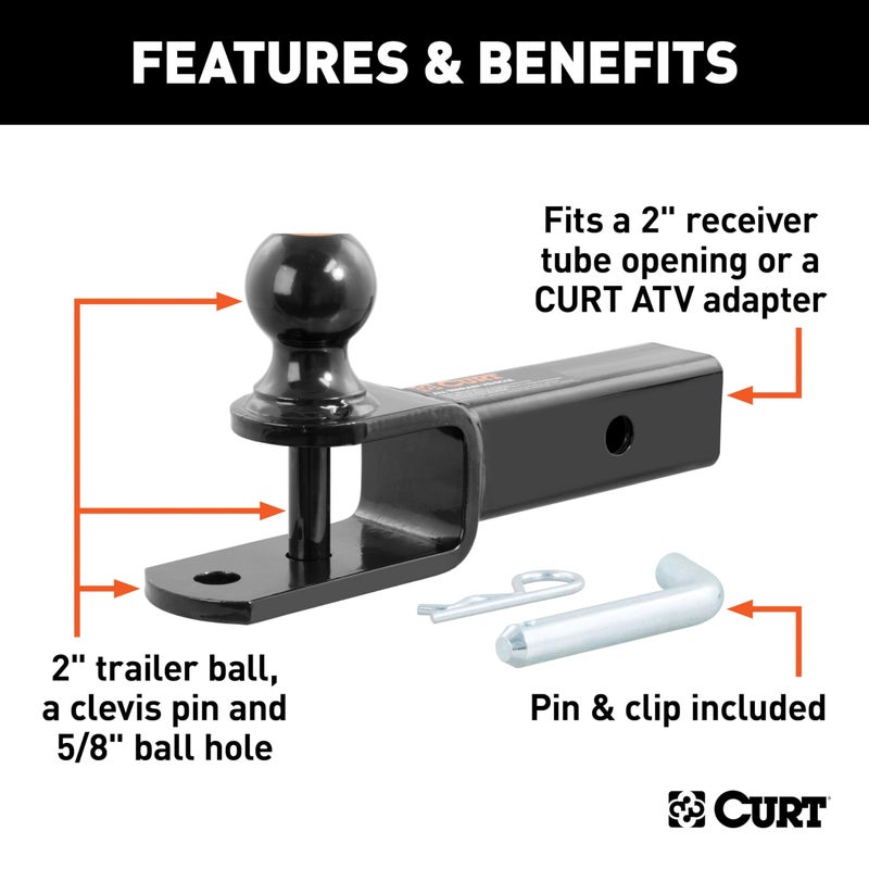 CURT 45009 3-in-1 ATV Trailer Hitch Mount, 2-Inch Ball, Clevis Pin, 5/8-Inch Hole, Fits 2-Inch Receiver - Image 3